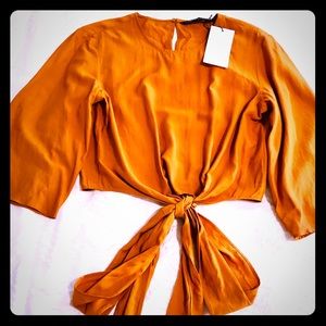 Zara NWT Burnt Orange Tie Front Blouse Size Small